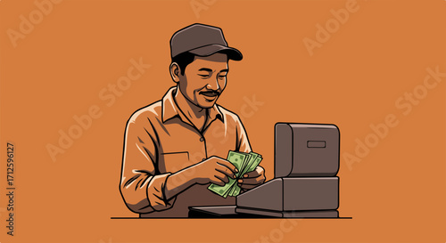 Illustration of cashier counting money with open cash register, depiction of money handling in retail. Cashier, with focused financial management, accurately counts cash,