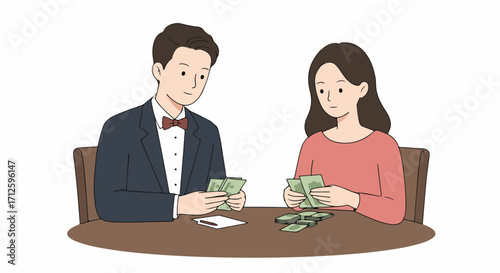 Calculating money together for family finance planning, couple is counting cash at table. Managing finances, discussing family budget includes planning, saving and expense tracking.