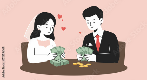 Newlywed savings depicted with couple and money, groom and bride are counting dollar bills. Newlywed savings shows abundance with gold coins and financial security.