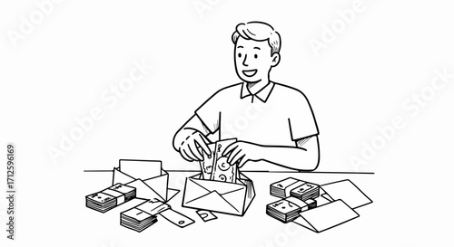 Person counting money while sitting at desk, surrounded by envelopes and bills. Counting money meticulously ensures accuracy, with person carefully organizing currency into piles.