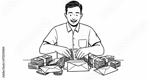 Depicting money laundering activities with man counting money near envelopes. Money laundering involves person and cash with many envelopes suggesting suspicious activity.