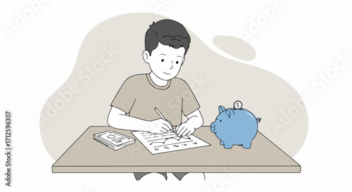 Young boy saving money shown with child calculating finances at his desk with piggy bank. Boy saving money while learning financial literacy and budget planning for future investments.