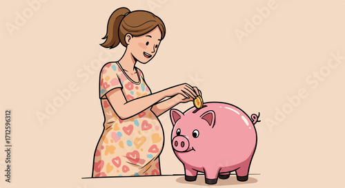 Pregnant woman saving money using piggy bank, financial planning is essential for upcoming motherhood, and a financial future. Planning expenses for future baby,