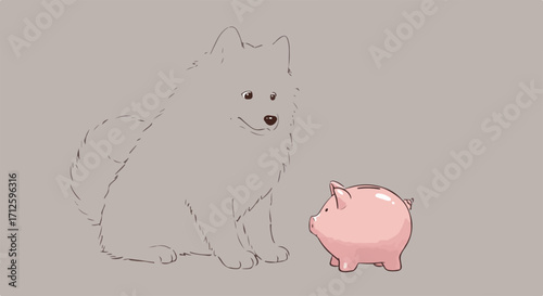 Charming dog illustration featuring fluffy white canine and a pink piggy bank. Dog illustration shows cute, pet sitting near the piggy bank with outline drawing.