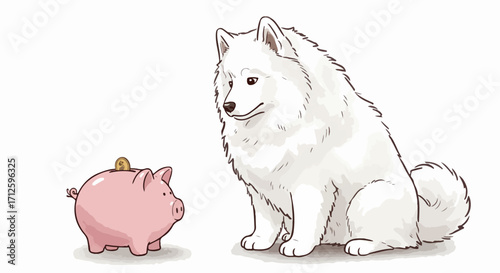 Piggy bank savings with cute Samoyed, adorable piggy bank savings for investments, and a fluffy dog. Accumulation piggy bank savings include a pink pig figure, gold coin,