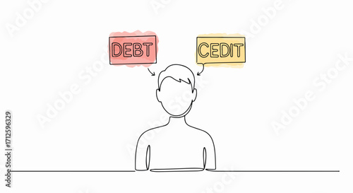 Concept credit debt with person shown thinking, considering credit and debt options. Thinking about credit debt can be stressful, but financial planning helps to achieve financial stability.