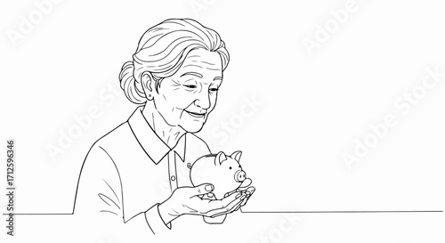 Elderly woman holding piggy bank in her hands with care, symbolizing financial planning, showing thoughtful investment. Senior woman shows thoughtful investment, providing a secure future.