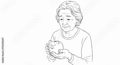 Sad elderly woman with piggy bank in hand, expressing financial worries. This line art sketch illustrates elderly woman sadly contemplating her small piggy bank,