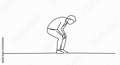 Exhausted man depicted with black line on white background, bent over with his hands on his knees. Exhausted man shown experiencing physical or emotional fatigue and tiredness.