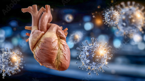 Heart surrounded by floating viruses representing health challenges and the importance of cardiovascular care