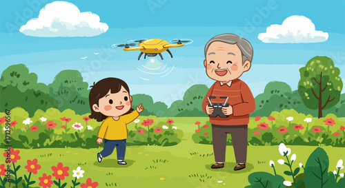 Grandfather and grandchild with drone, enjoying outdoor activity. Grandchild waves at flying vehicle, while grandfather holds controller for drone on sunny day.