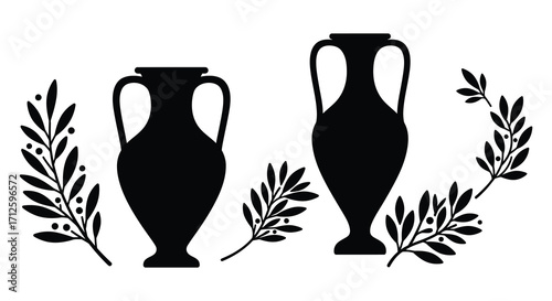 Ancient greek amphorae with olive branches a striking black silhouette