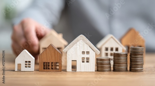 A person's hand placing a miniature wooden house on a stack of coins on a wooden table.