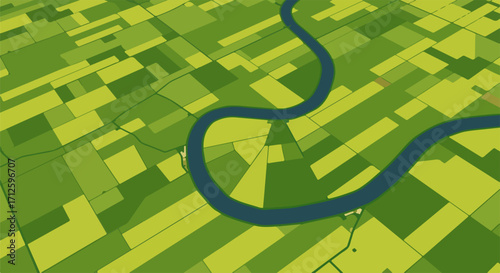Aerial view shows river running through farmland landscape with geometric fields, creating a patchwork of different crops. River winds through agricultural fields of green and yellow,
