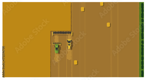 Aerial view of agricultural harvest with combine harvester working in field, capturing agricultural harvest. Farmland agricultural harvest season in countryside showing process with equipment.