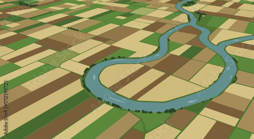 Abstract field illustration depicting cultivated land with meandering river viewed from above. Cultivated land patterns demonstrate efficient use of resources, irrigation, and crop rotation.