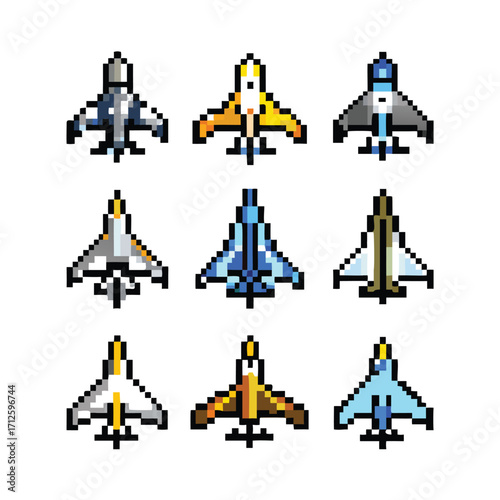 Fighter Jet 8-Bit Pixel Art Icon Set. 9 Retro Military Aircraft Sprites.