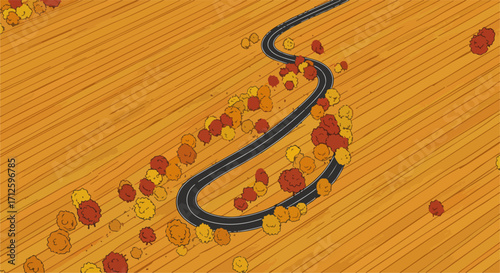 Curvy road winds through a landscape, depicting freedom and open spaces. Autumn landscape includes yellow foliage and dark winding road, creating dynamic composition.