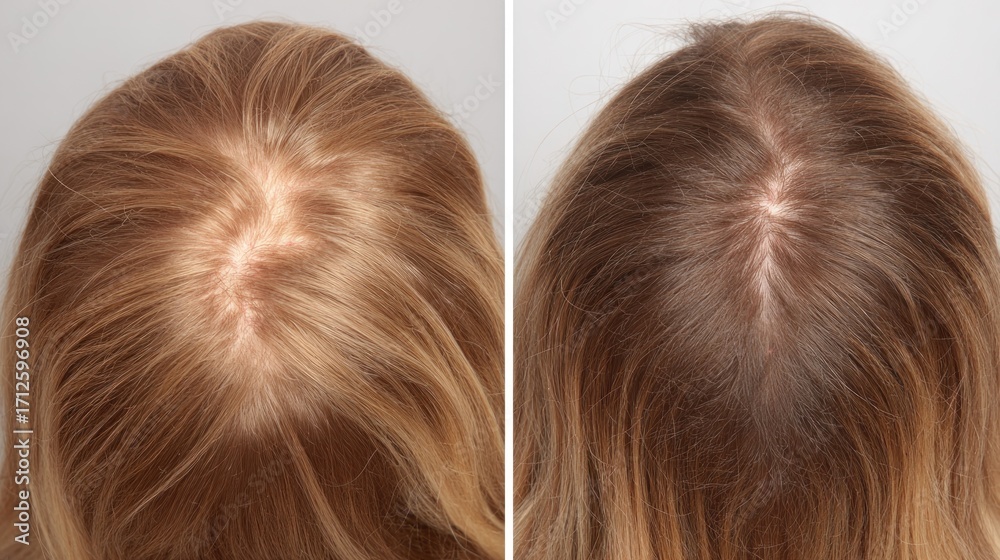 Fototapeta premium A woman's head with thinning hair and a bald spot, before and after hair loss treatment.