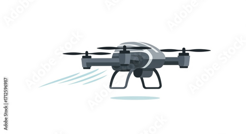A gray drone flies on a, leaving a trail of air behind it, showcasing its modern design and capabilities
