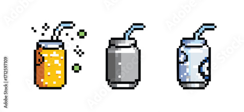 Soda Can 8-Bit Pixel Art Icon Set. Collection of 3 Retro Drink Item Sprites