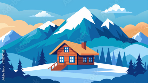 A cozy lodge nestled at the base of a snowcapped peak offering a welcoming atmosphere and stunning views of the surrounding mountains.