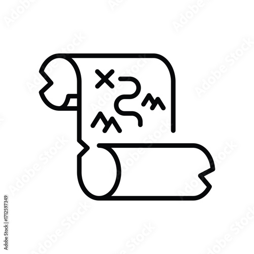 A stylized black outline drawing of an open scroll with markings on it. Line icon. Editable stroke