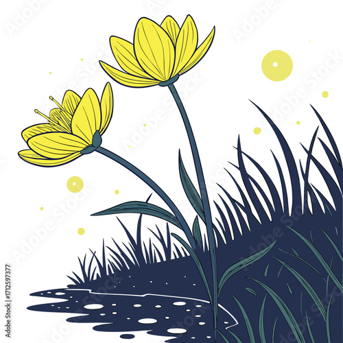 Two yellow flowers bloom near a pond at night illuminated by fireflies