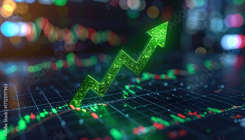 A green zigzag arrow rises across a digital stock interface—candlestick charts and data glow in the background, evoking bullish momentum, financial optimism, and the pulse of market growth.