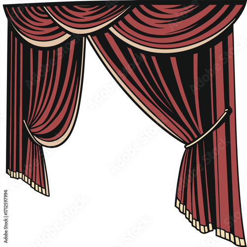 Red and black theatrical stage curtains with elegant drapes and tie-backs, ready for a performance.