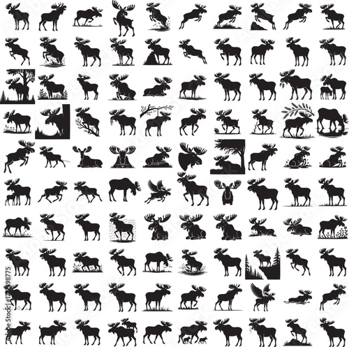 Moose full black silhouette set in various poses