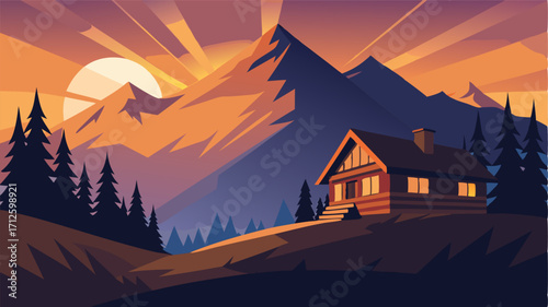 As dawn breaks the first rays of the sun illuminate the mountain chalet casting a golden glow over the surrounding peaks and forests.