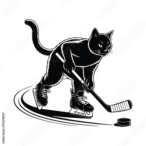 Black cat playing ice hockey in a dynamic silhouette pose silhouette