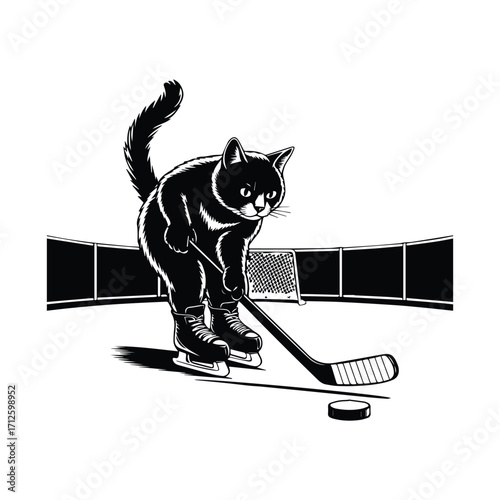 Playful black cat wearing ice skates plays hockey with stick and puck silhouette