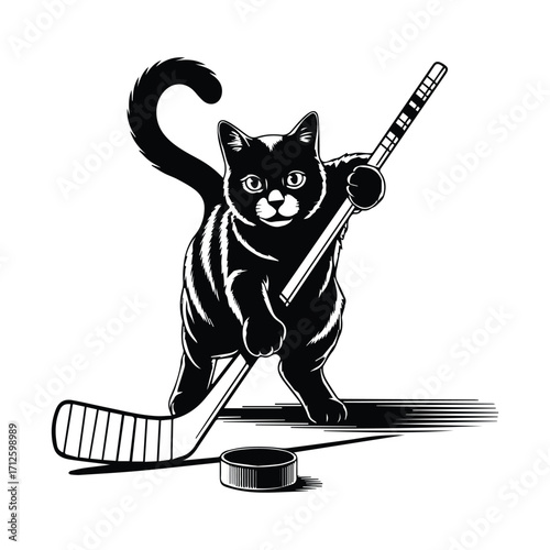 Playful black cat in silhouette playing ice hockey with stick and puck