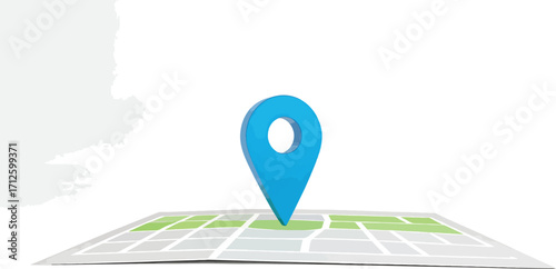 Blue 3D location pin marker on an abstract digital street map indicating a specific destination for travel and navigation