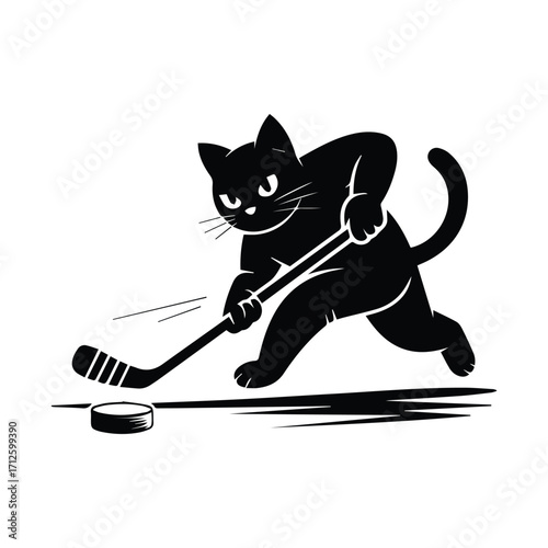 Playful black cat in silhouette playing ice hockey with a puck and stick