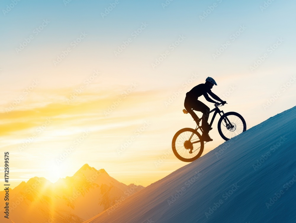 Obraz premium A silhouette of a mountain biker ascending a snowy slope at sunset, showcasing determination and adventure against a stunning backdrop.