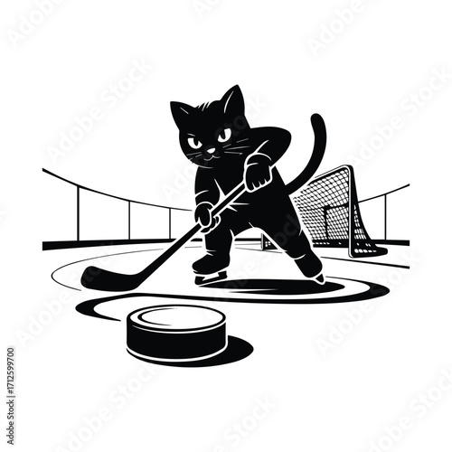 Cute black cat playing hockey on ice rink silhouette