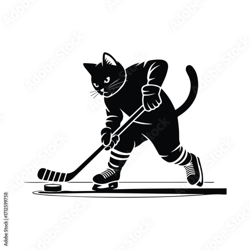 Playful black cat hockey player silhouette on ice with puck