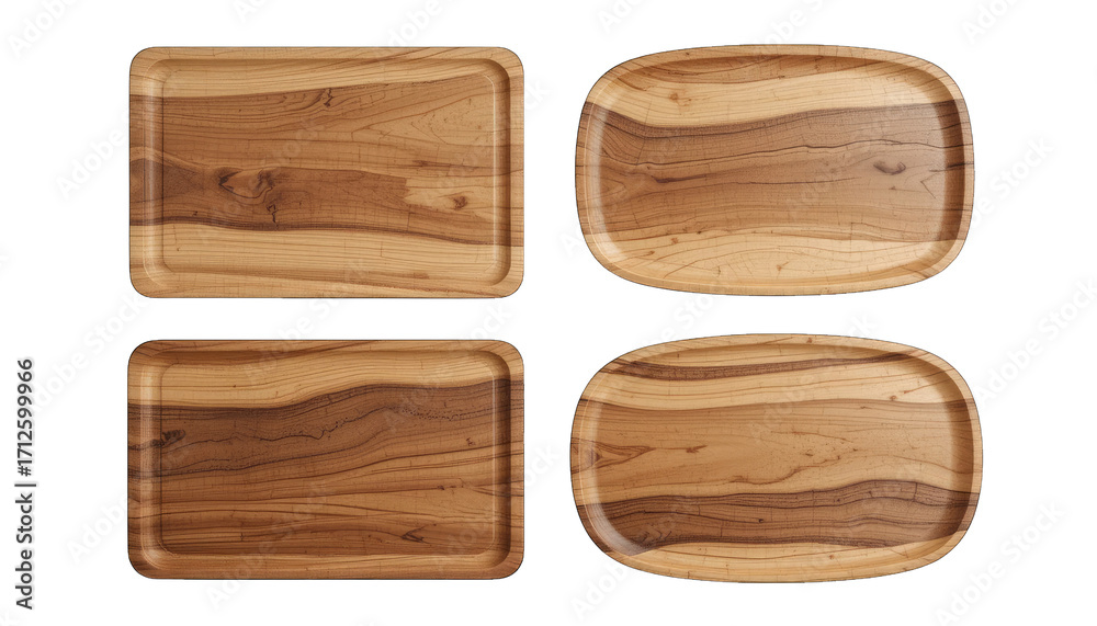 Naklejka premium Four Wooden Trays of Various Shapes on Black Background isolated on a transparent background
