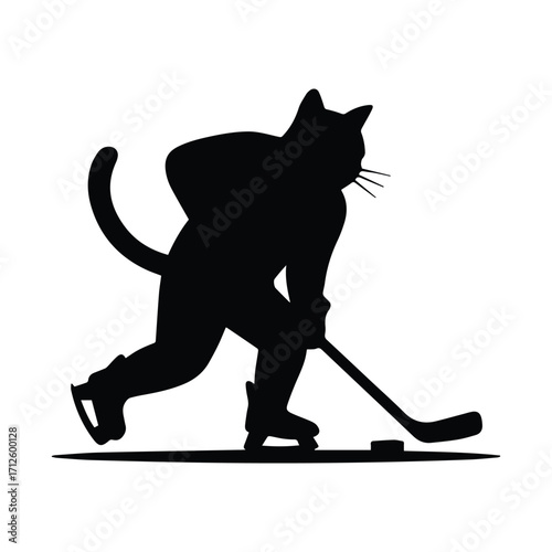 Playful black cat silhouette playing ice hockey with a stick and puck silhouette