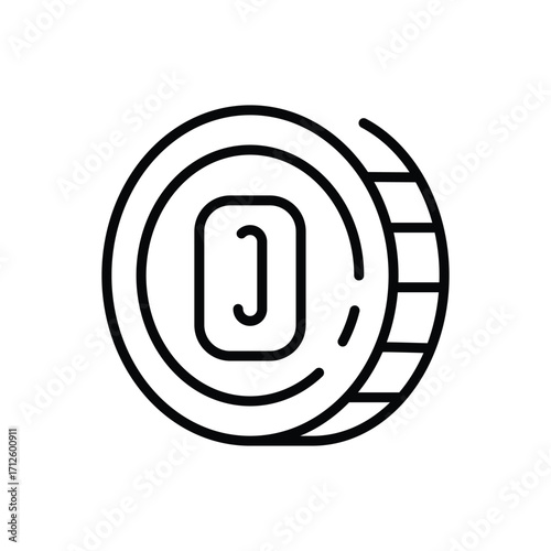 Black and white line drawing of a coin with an offset symbol inside. Line icon. Editable stroke
