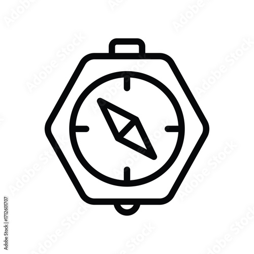 Black line drawing of a compass with a hexagon casing and a needle pointing southwest. Line icon. Editable stroke
