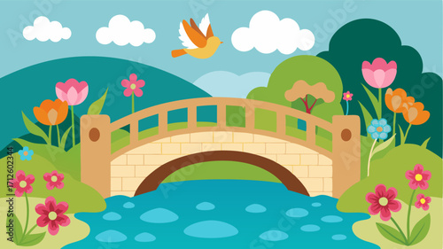 A charming stone bridge crossing a babbling brook framed by vibrant spring flowers and chirping birds.
