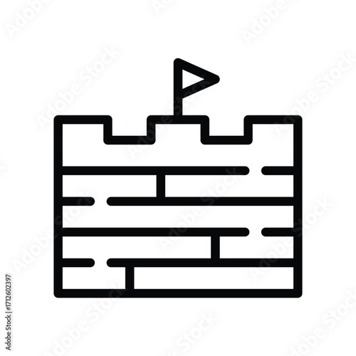 Black outline of a crenellated wall with flag. Line icon. Editable stroke