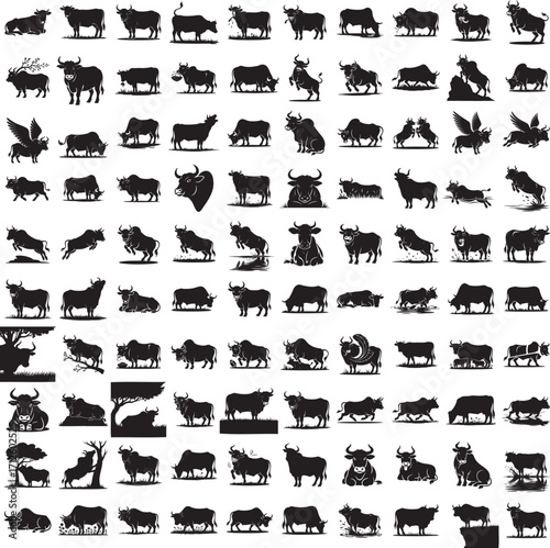 Ox full black silhouette set in various poses