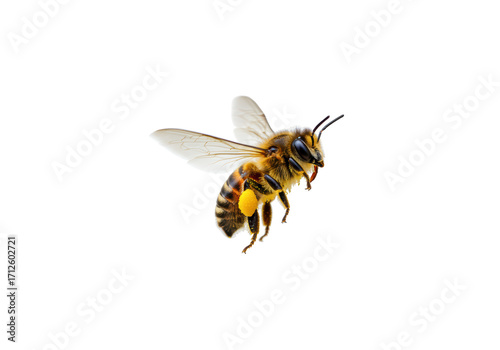 Isolated honey bee in flight against neutral background carrying pollen on its legs