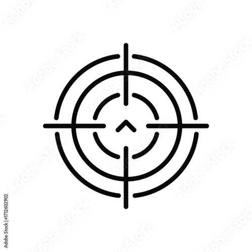 Black target symbol concentric circles intersected by crosshairs pointing up arrow at center. Line icon. Editable stroke
