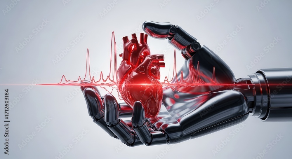 Naklejka premium Robotic Hand Holding Human Heart with ECG Line Illustrating Medical Technology and AI Healthcare